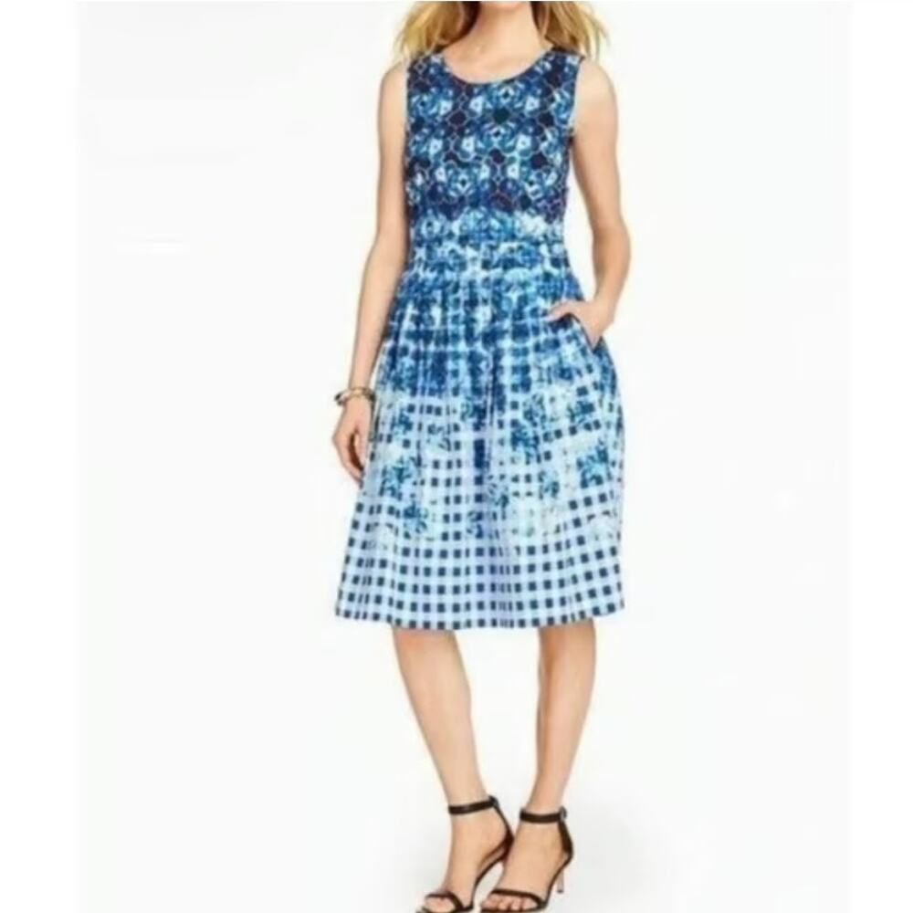 Talbots Blue Floral Ombre Gingham Plaid Printed Fit and Flare Pleated Dress 8